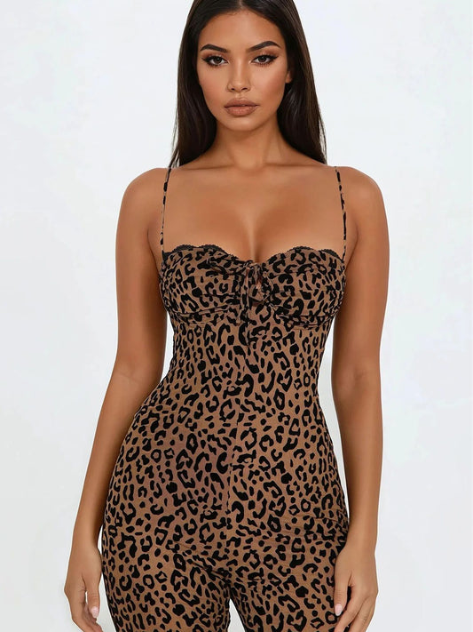 ZASUWA Female Sexy Fashion Leopard Print Hollow Out Backless Jumpsuit