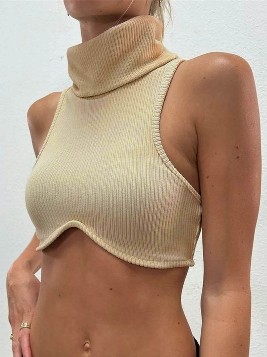 ZASUWA Female Solid Color Ribbed Stand Up Collar Tank