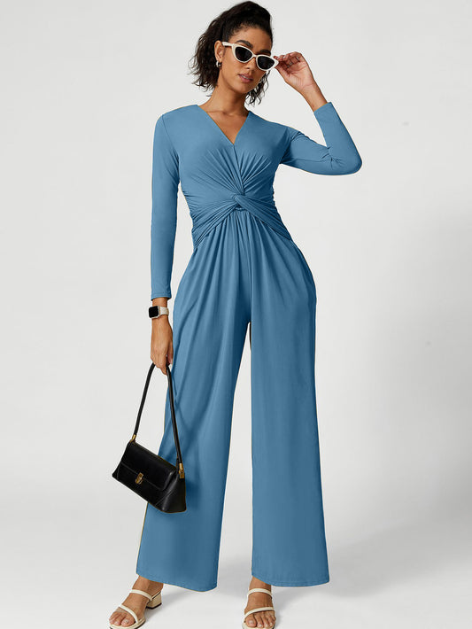 ZASUWA Female Deep V Collar Folds Twist Split Jumpsuit