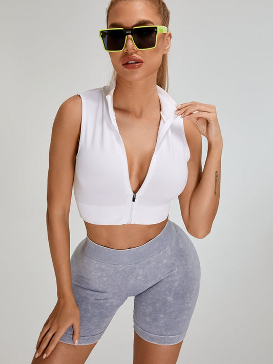 ZASUWA Female Deep V Back Faux Denim Scrunch Bum Ribbed Zipper Short Tacksuit