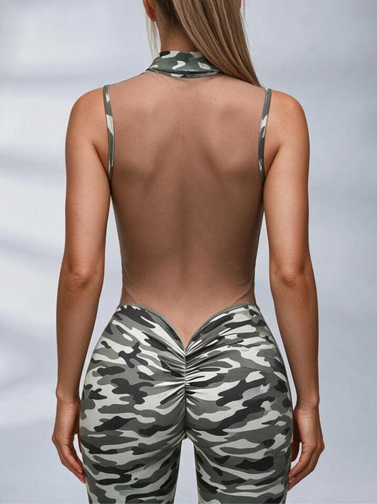 Camouflage Mesh Back Zip‑Up Sleeveless Jumpsuit
