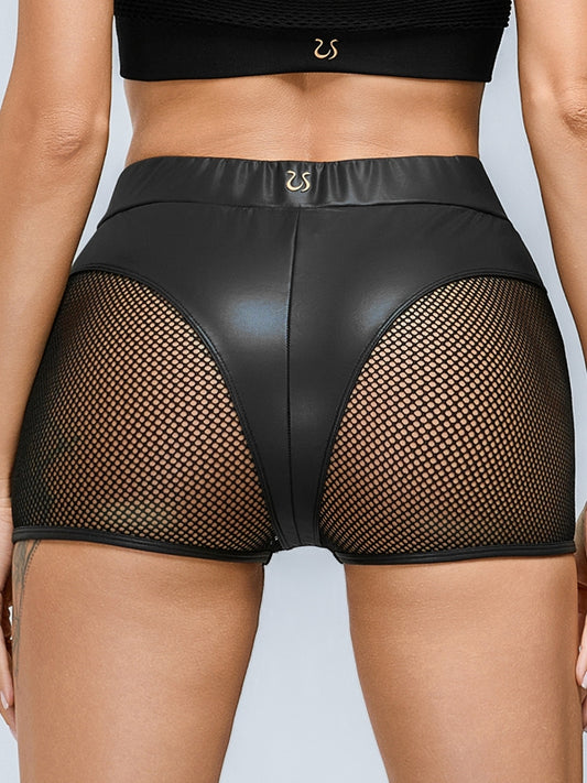 ❤ZASUWA Female Sexy Faux Leather Fishnet Micro Hot Shorts