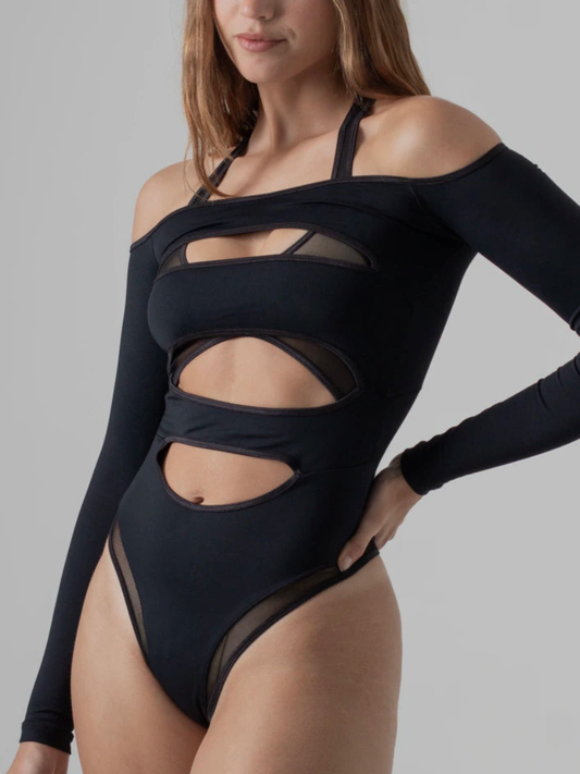 Sheer Mesh Cut-Out Off-Shoulder Bodysuit
