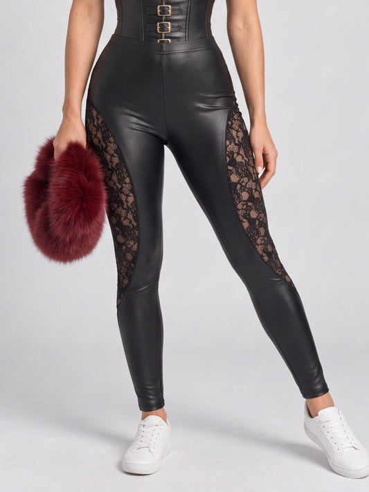 Women's Black Faux Leather Lace Panel High Waist Skinny Leggings