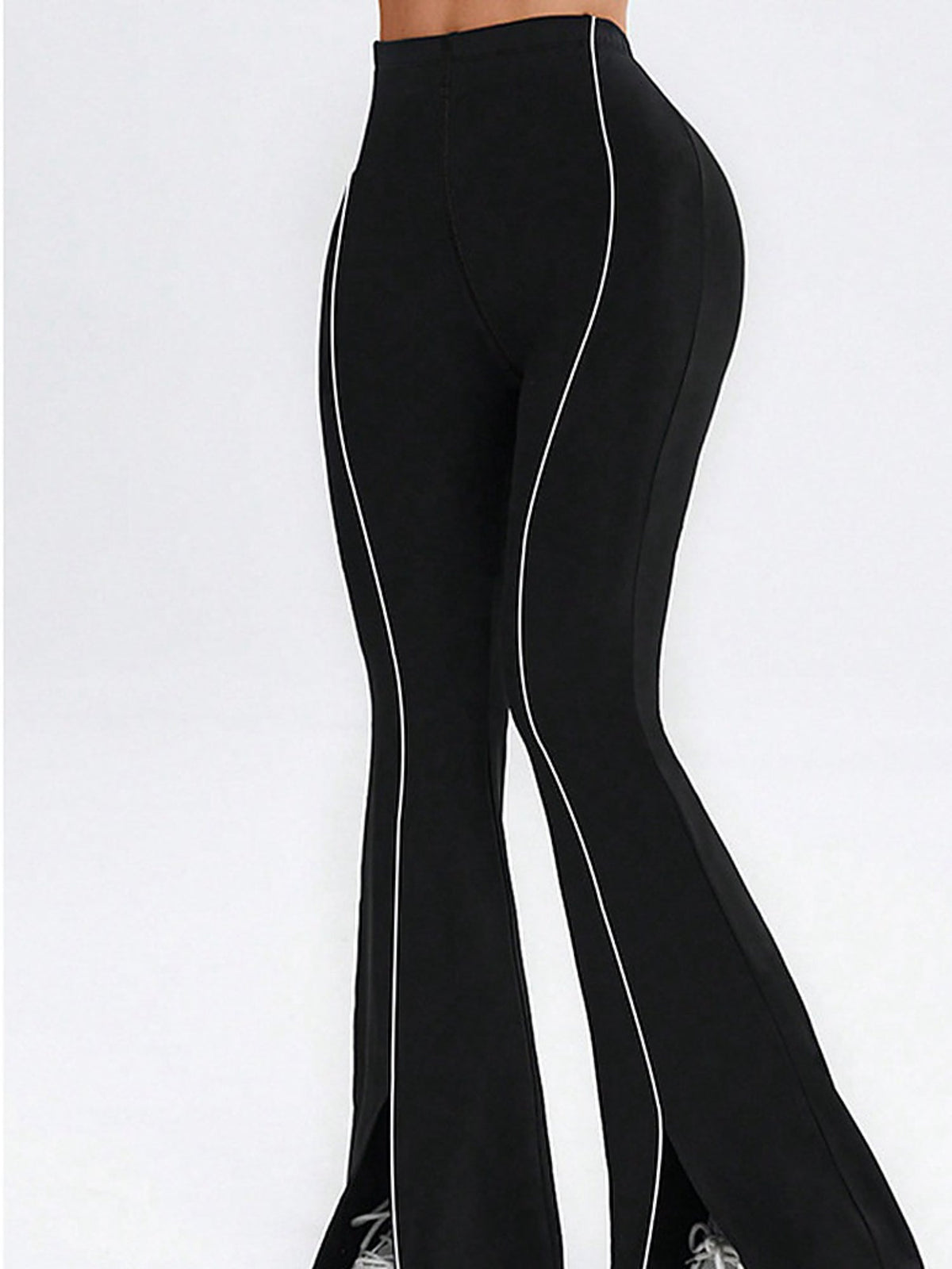 High-Waisted Flared Leggings with Contrast Piping and Split Hem