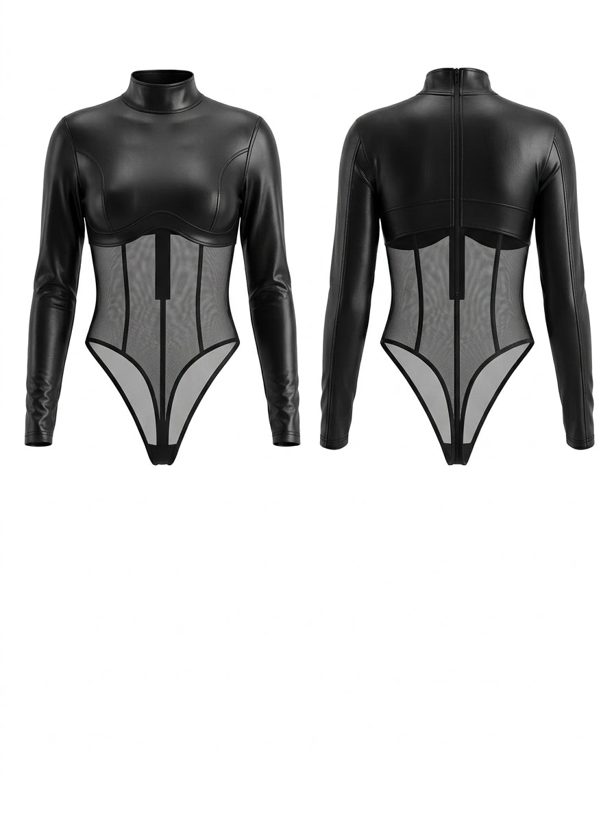 Edgy Faux Leather & Mesh Long Sleeve Thong Bodysuit