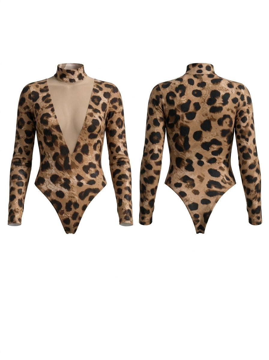 Leopard Print Mesh Deep-V Mock Neck Long Sleeve Bodysuit