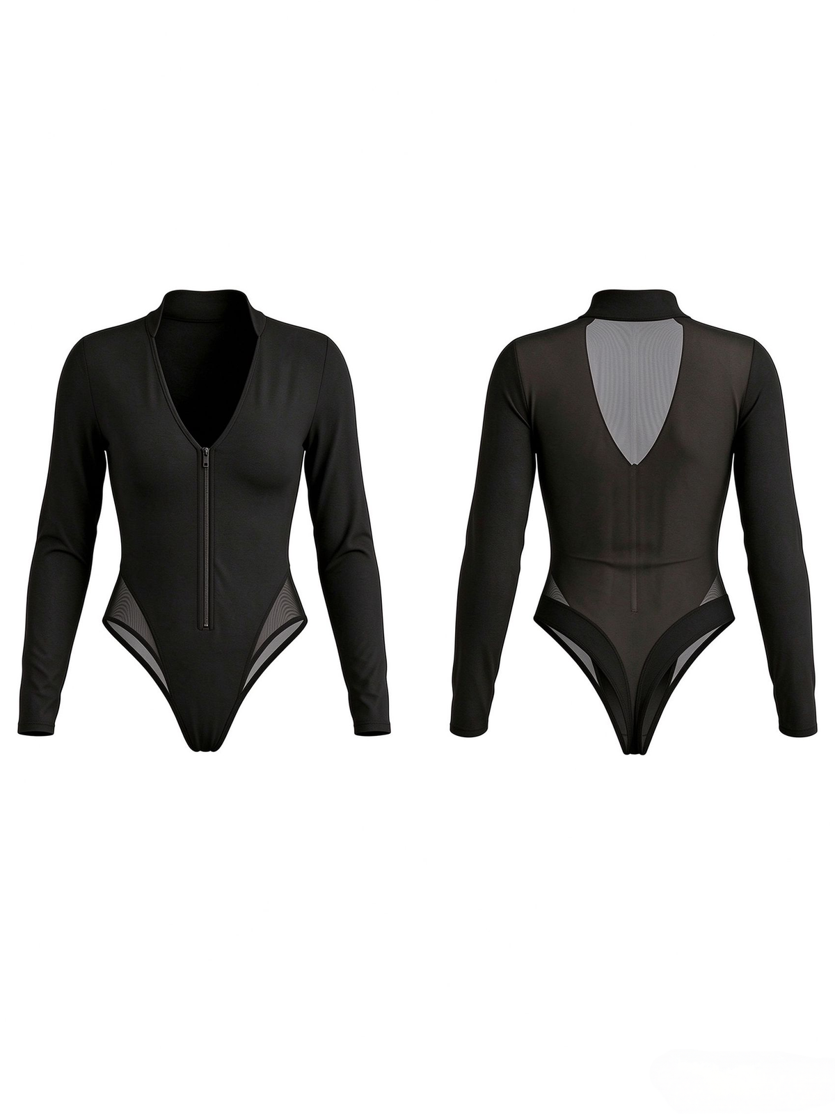 Sexy Zipper Mesh Panel Long Sleeve Bodysuit