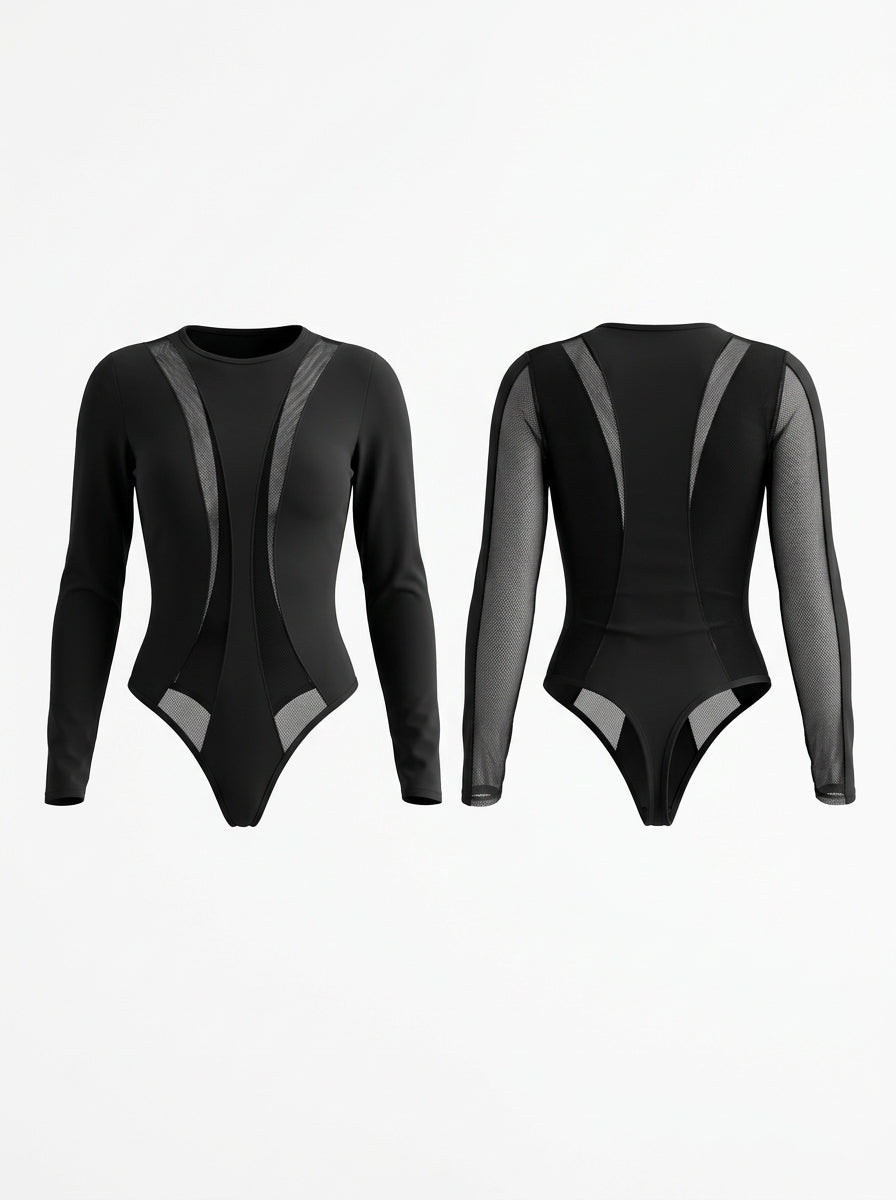 Black Mesh Panel Long Sleeve Bodysuit
