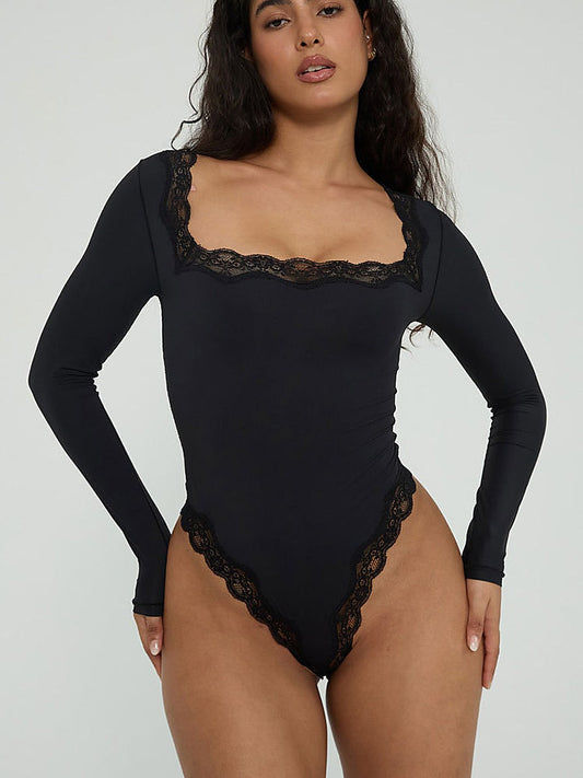 Lace Trim Square Neck Long Sleeve Bodysuit