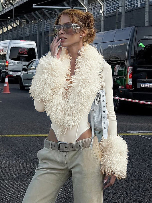 Women's Fuzzy Trim Deep V-Neck Long Sleeve Bodysuit
