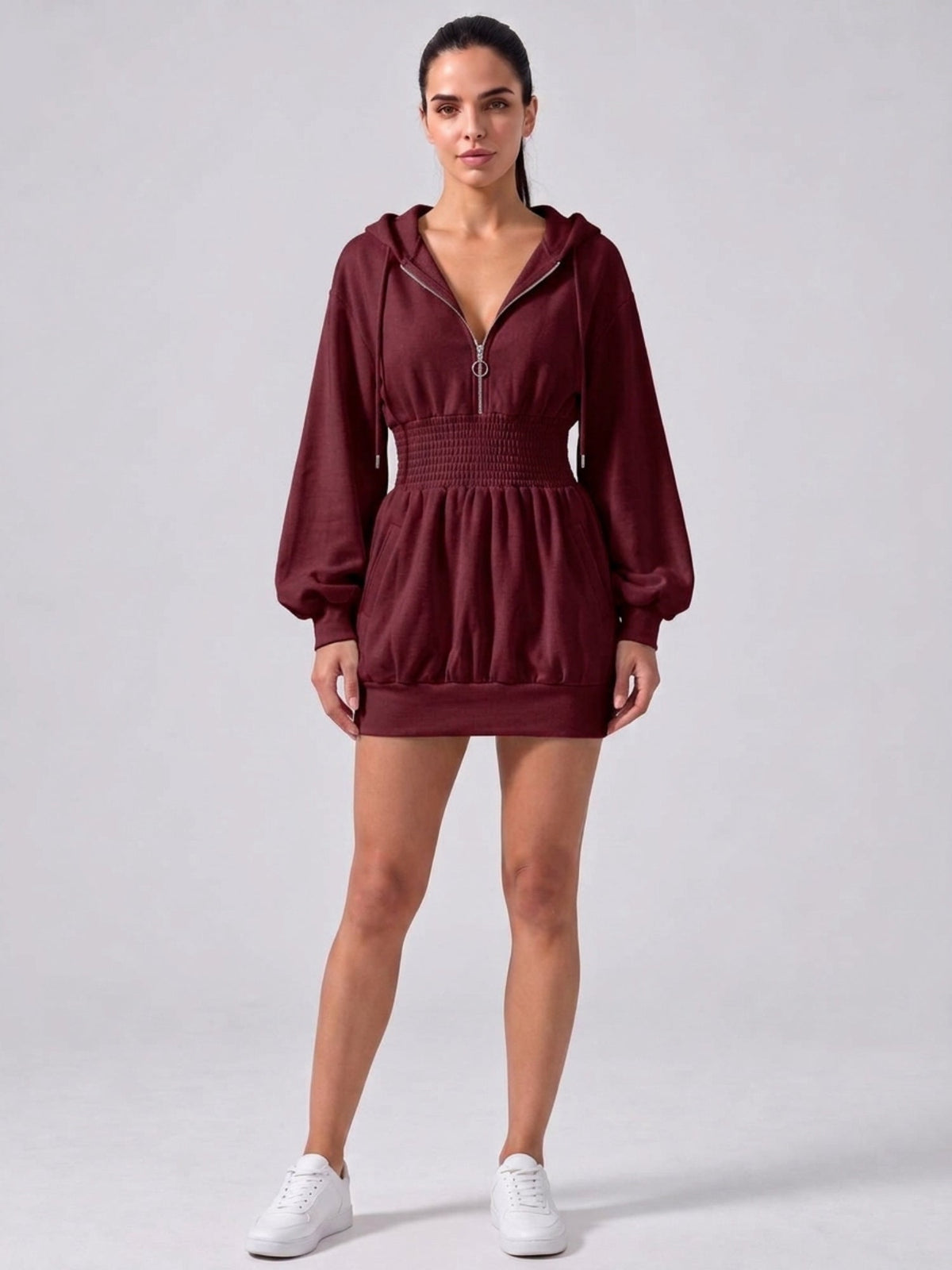 Deep V-Neck Shirred Waist Hooded Mini Dress