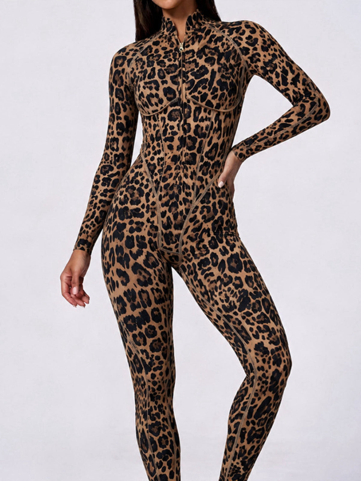 Leopard Print Front Zip Long Sleeve Slim Jumpsuit