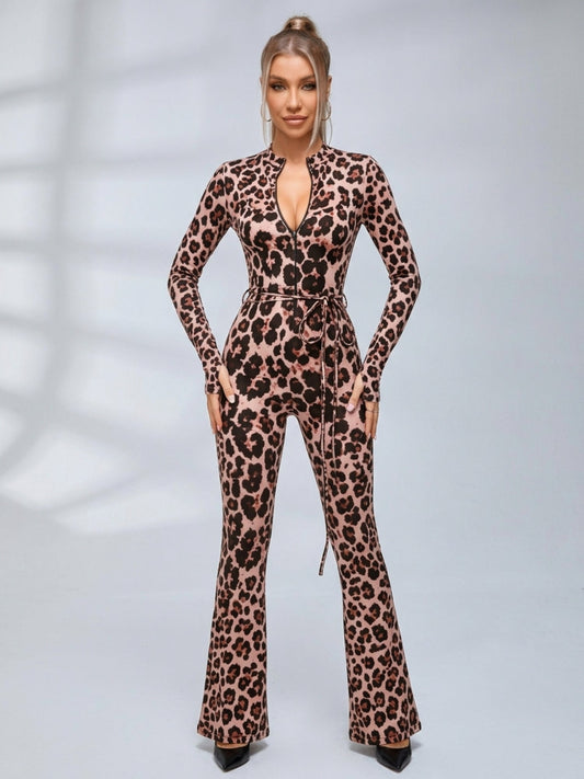 Leopard Print Zipper Cutout Tie Waist Flare Jumpsuit