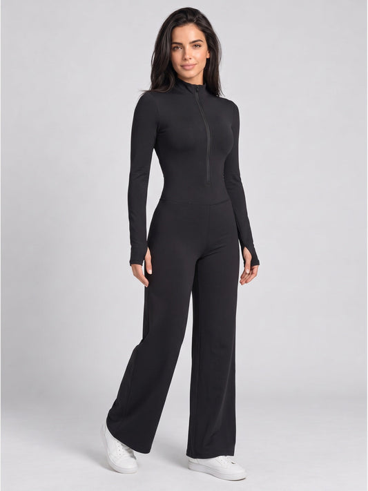 Women's Zipper Long Sleeve Wide Leg Jumpsuit