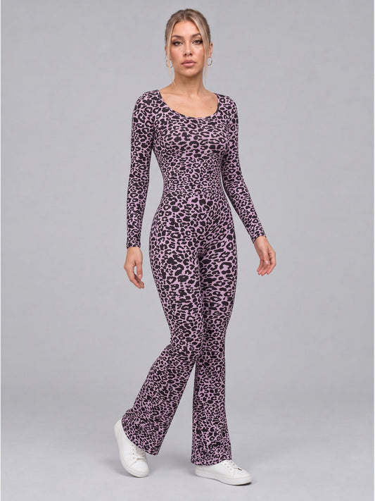 Women's Leopard Print Scoop Neck Flared Jumpsuit