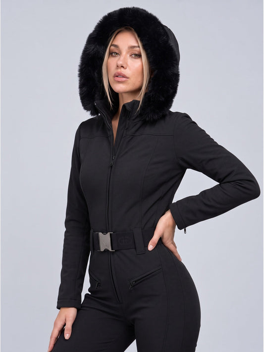Women's Hooded Ski Jumpsuit with Fur Trim & Belt