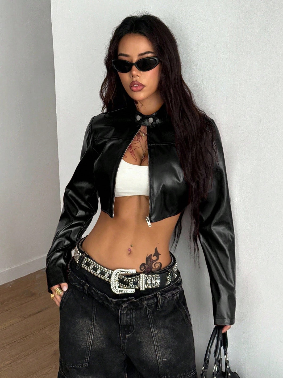 Cropped Faux Leather Stand Collar Zipper Jacket
