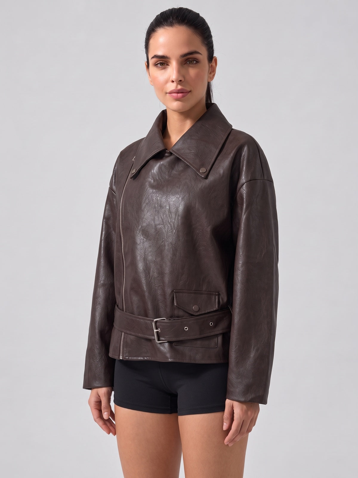 Oversized Faux Leather Biker Jacket with Belted Waist