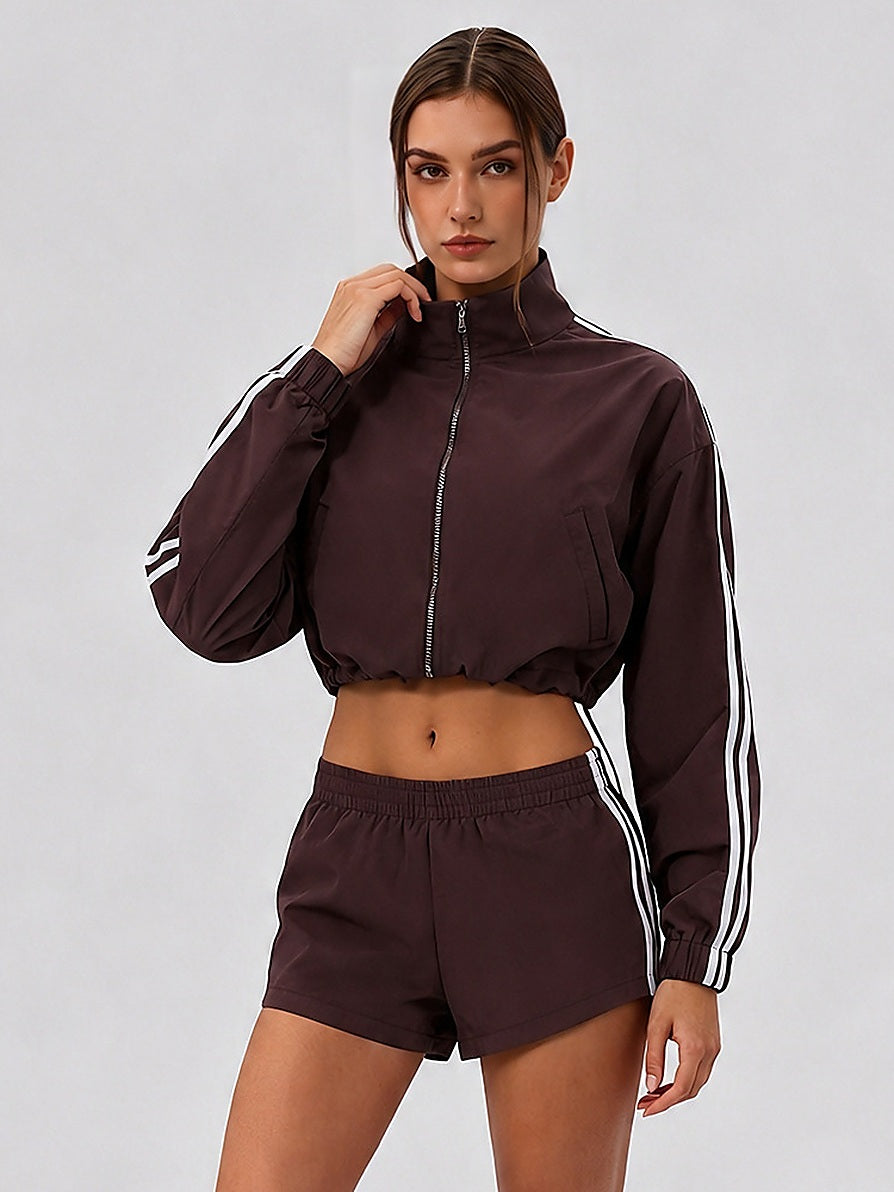 Women's Cropped Stand-Collar Full-Zip Track Jacket with Sleeve Stripes
