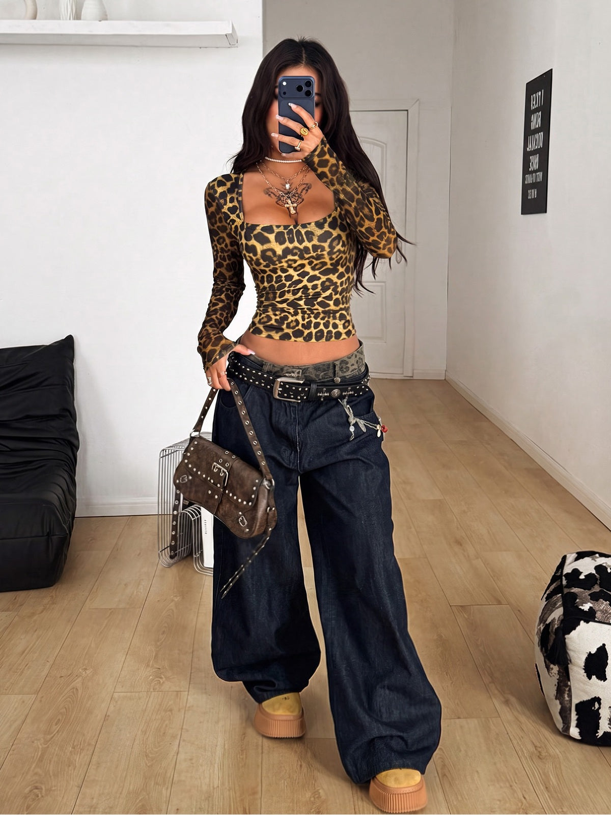 Leopard Print Cropped Square Neck Long Sleeve Top