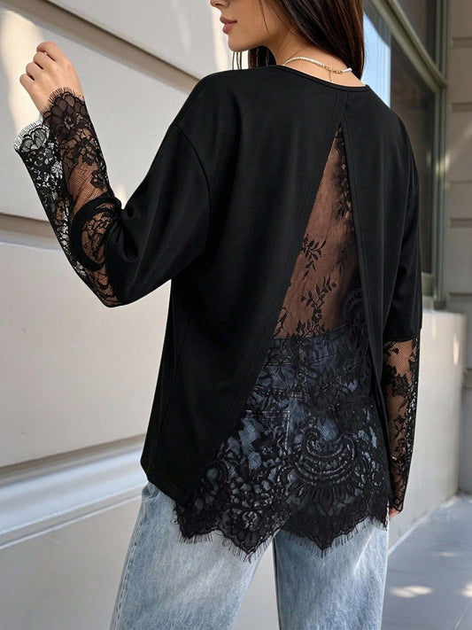 Lace Panel Oversized T-Shirt with Back Slit