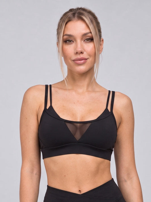 Women's Mesh Panel Padded Sports Bra with Criss-Cross Back