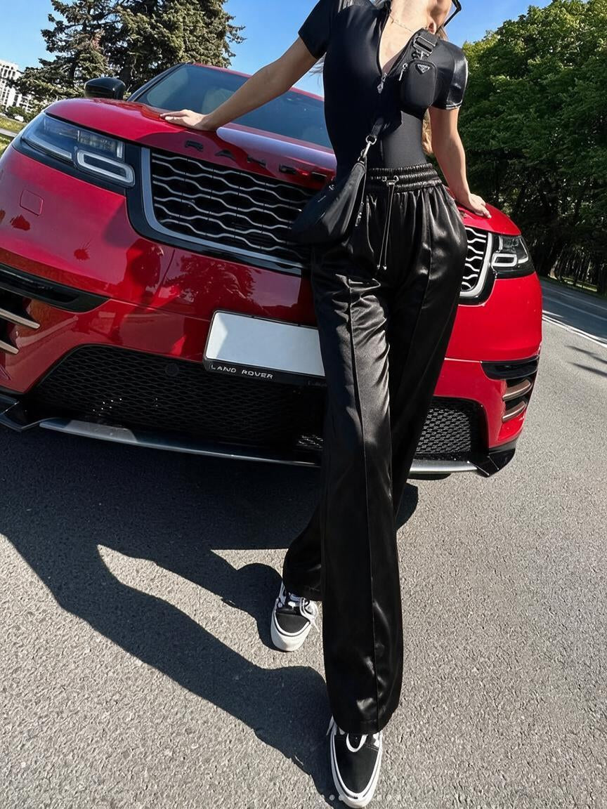 Shiny Satin Wide Leg Drawstring Pants
