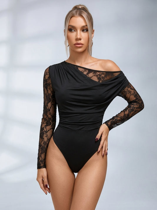 Sensual Asymmetrical Cowl Neck Lace Bodysuit