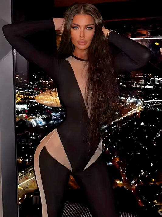 ZASUWA Female Sexy Contrast Color Sheer Mesh Jumpsuit