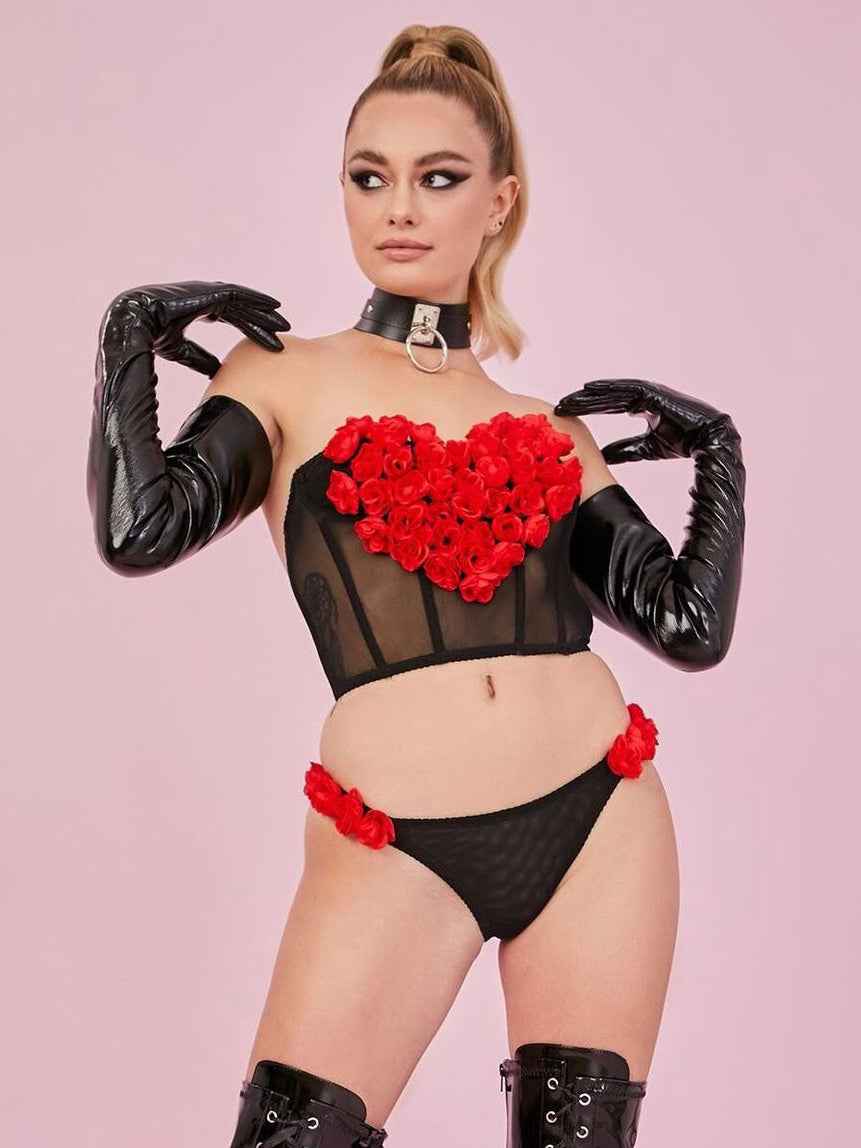 Rosenherz-Mesh-Kunstleder-Dessous