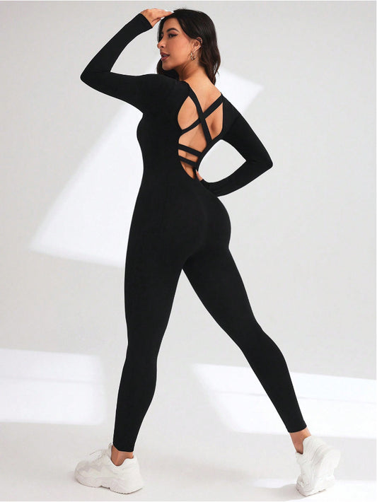 ZASUWA Female Cross Back Hollow Out Long Sleeves Jumpsuit