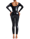 ZASUWA Female Faux Leather U Collar Long Sleeves Jumpsuits