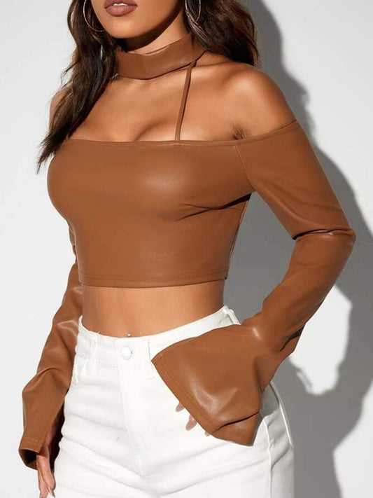 ZASUWA Female Sexy Faux Leather Backless Long Sleeves