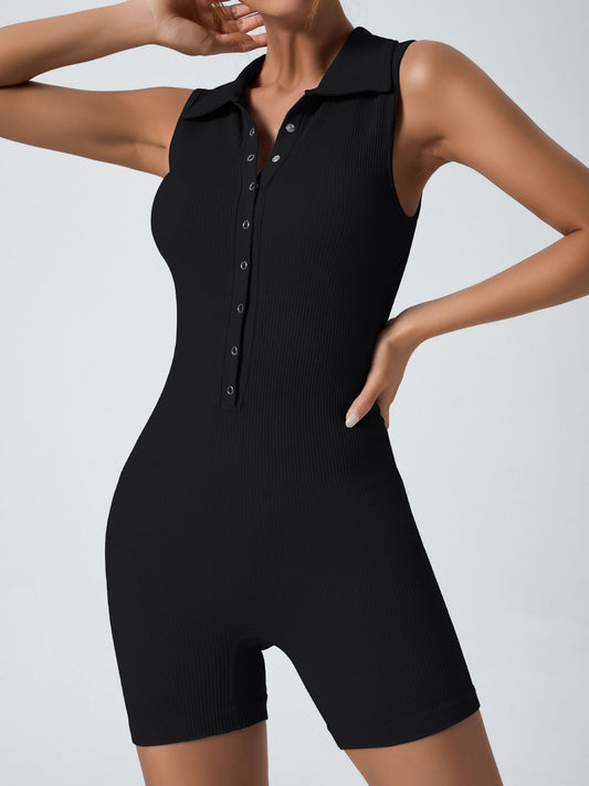 ZASUWA Female Ribbed Lapel Collar Buttons Short Jumpsuit