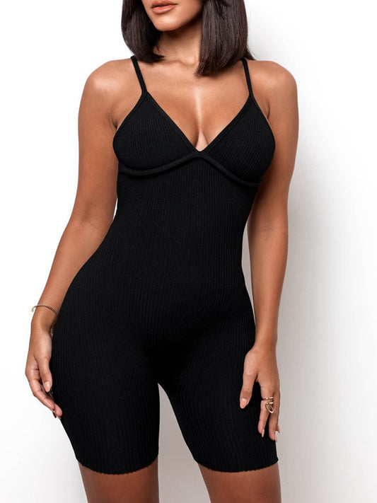 ZASUWA Female Cross Back Ribbed V Collar Short Jumpsuit