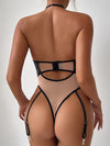 ZASUWA Female Sexy Sheer Mesh PU Cutout Bodysuit