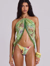 ZASUWA Female Sexy Flower Sequin Tassel Mesh 3-Pieces Lace-up Bikini Set