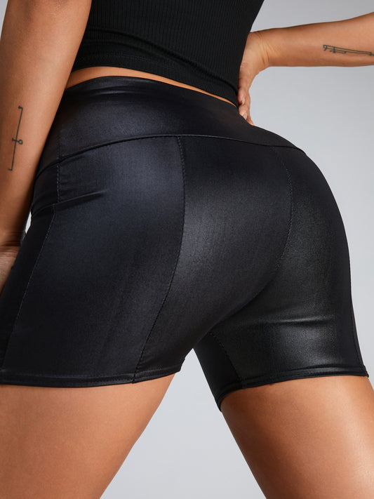 ZASUWA Female Glossy PU Faux Leather Peach Butt Spandex Gym Booty Shorts