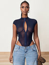 ZASUWA Female Sexy Mesh Metal Buckle Short Bodysuit