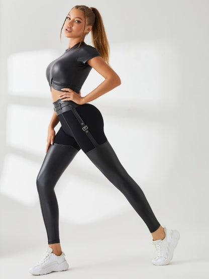 ❤PU Glossy Metal Buttons Hip-lift Leggings