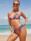 ZASUWA Female Sexy Flags Print with Metal Buttons Backless Scrunch Bum  Beach Bikini Set