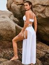 ZASUWA Female Solid Color Pearl Lace-up Hollow Out 3-Pieces Mesh Bikini Set