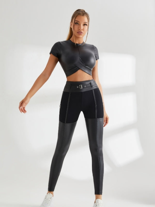 ❤PU Glossy Metal Buttons Hip-lift Leggings