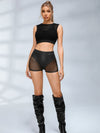 ❤ZASUWA Female Sexy Faux Leather Fishnet Micro Hot Shorts