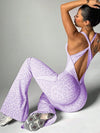 ZASUWA Female Sexy Leopard Print Hollow Out Cross Back Deep V Back Jumpsuit