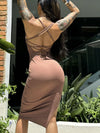 ZASUWA Female Solid Color Cross Back Hollow Out Split Dress