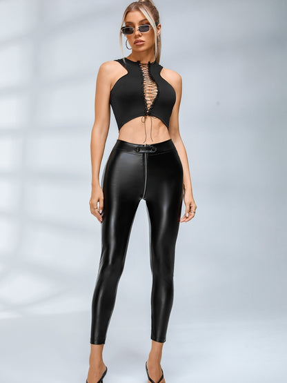 Faux Leather Zipper Buttons Pocket Leggings