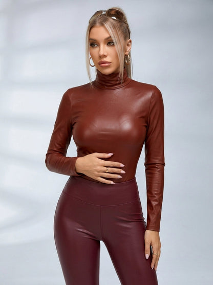 Sexy Glossy PU Faux Leather Long Sleeves