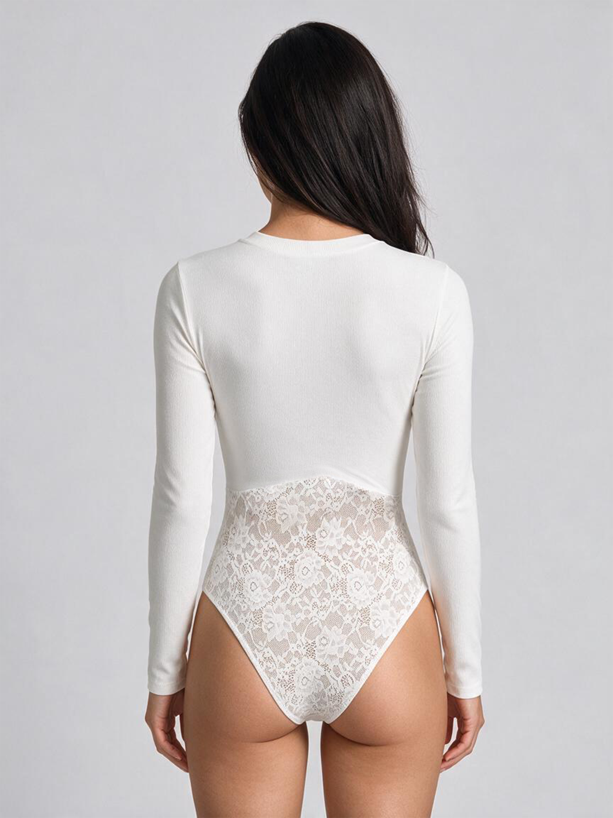 Women's Ribbed Long Sleeve Lace Panel Bodysuit